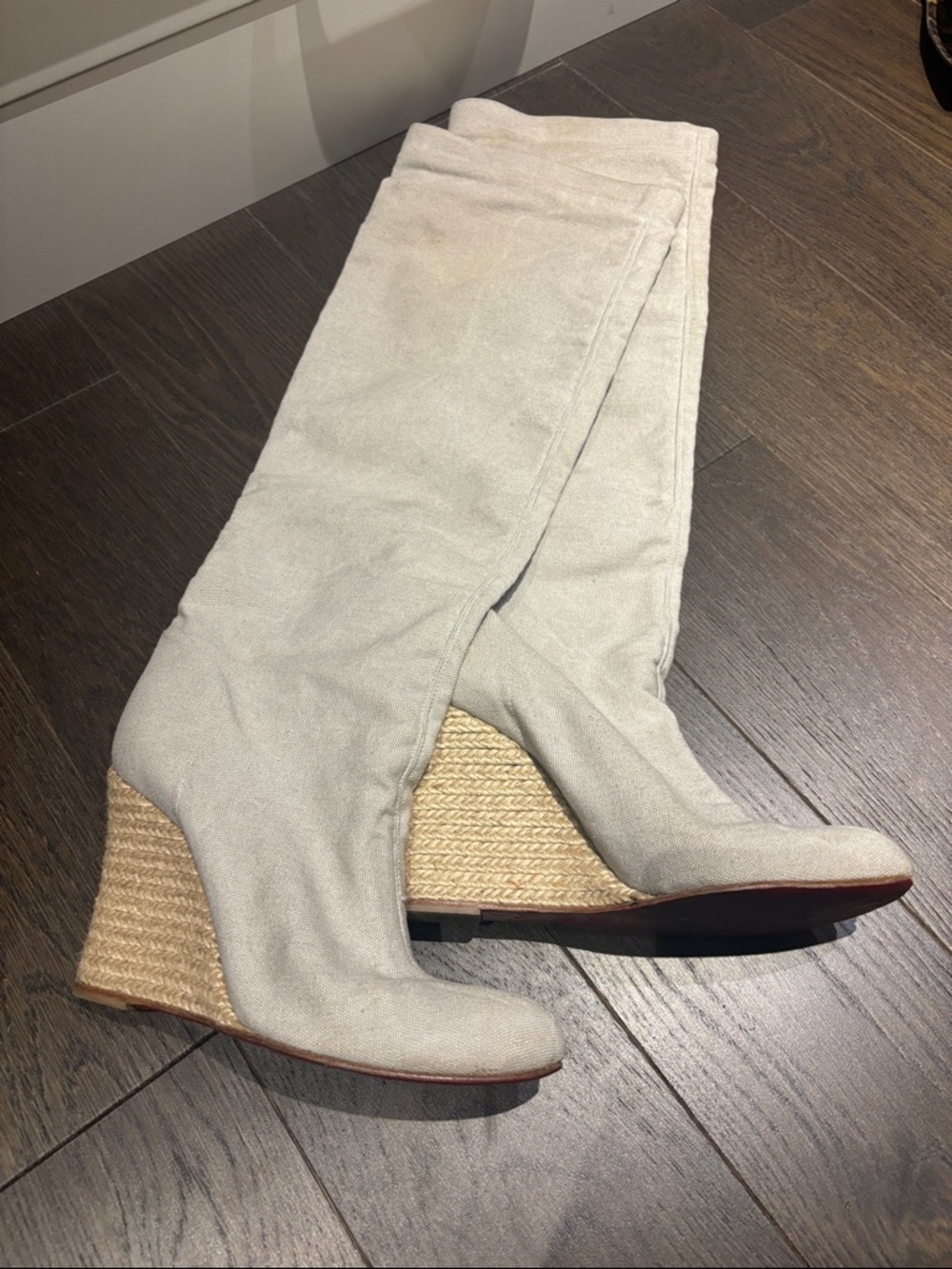Louboutin authentic Women's light grey linen Knee-High Wedge summer boots